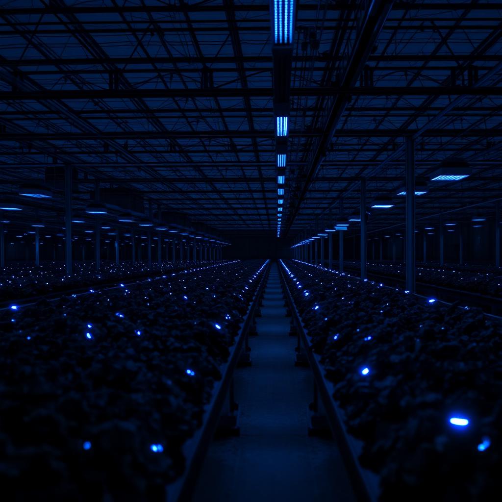 Cinematic dark greenhouse with rows of crops monitored by glowing blue IoT sensors