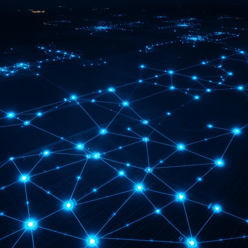 Cinematic aerial night view of farmland overlaid with a glowing blue IoT sensor network